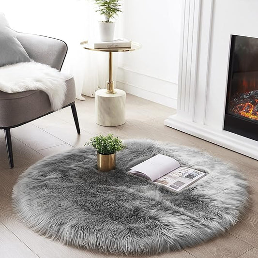 SERISSA Soft Round Faux Sheepskin Fur Rug for Bedroom Grey Circle Fluffy Rugs Circular Shaggy Rug Plush Circle Carpet Play Mats for Kids Girls Room, 5ft Diameter
