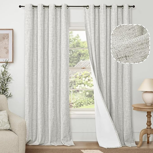 Lajode 100% Blackout Curtains for Living Room 84 Inch Length 2 Panels Set, Thermal Insulated Light Blocking Boho Faux Linen Window Curtains for Bedroom, Bronze Grommet, Each 52" Wide, Light Grey
