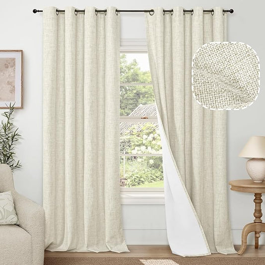 Lajode 100% Blackout Curtains 96 Inches Long for Living Room 2 Panels Set, Textured Floor Length 95 Inch Thermal Insulated Faux Linen Bronze Grommet Boho Window Drapes, Each 52" Wide, Natural