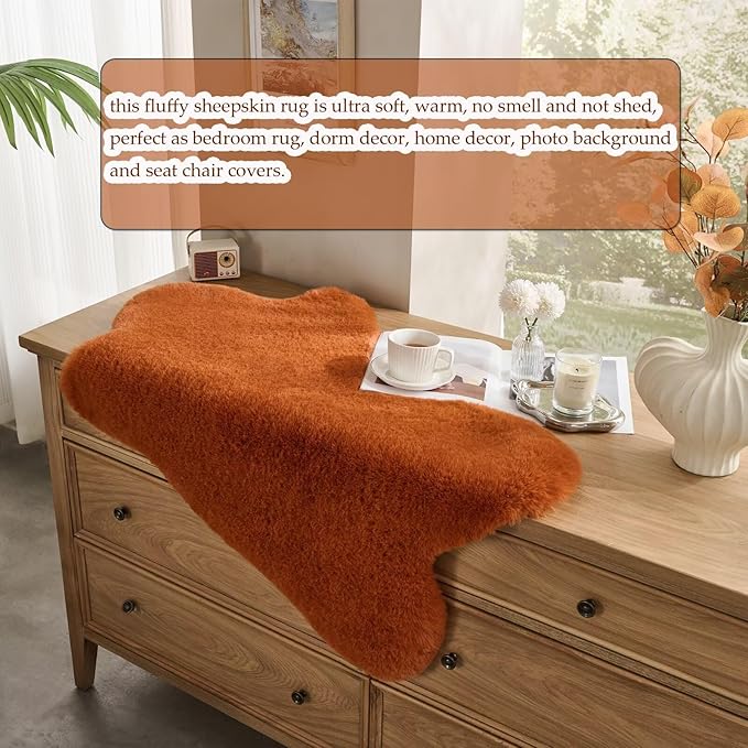 1700GSM Fuzzy Faux Sheepskin Fur Area Rug,Extra Soft Faux Fur Mat,Fluffy Shaggy Fur Rug for Bedroom Living Bedside Rug Room Decor-Burnt Orange, 2 x6 ft
