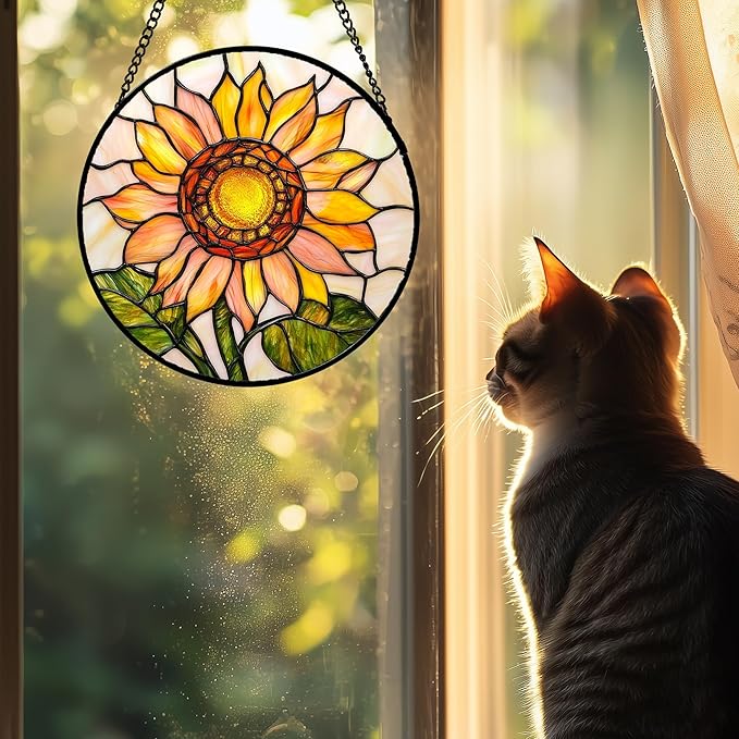 Stained Glass Window Hanging 4 Pcs Set Lily Rose Sunflower Poppy 6.3" - Flower Suncatcher Door Garden Sun Catcher Decor Birthday Mother's Day for Wife Woman Nana Girl