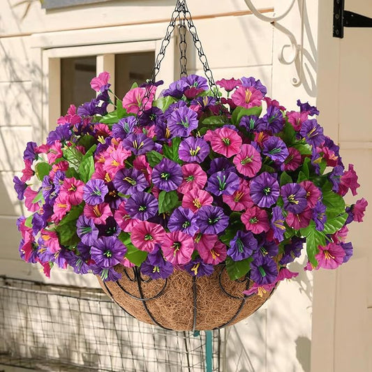 Homsunny Artificial Fake Hanging Flowers with Basket for Outdoors, Faux Silk Petunias Flower Spring Summer Decor UV Resistant Look Real for Home Outside Patio Front Porch Decorations