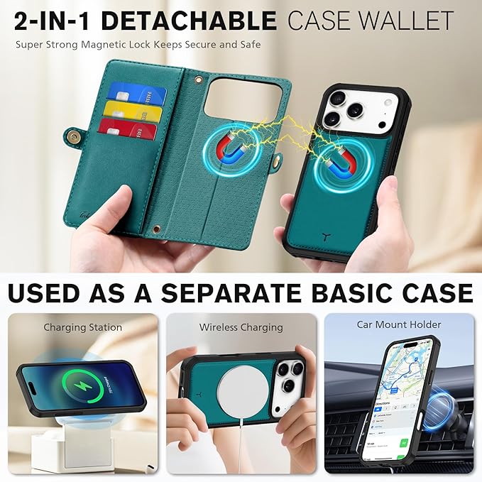 TUCCH Detachable Crossbody Wallet Case for iPhone 17 Pro (6.3"), 9 Card Holders RFID Blocking | Lanyard | Wrist Strap | Wireless Charging | Zipper Pocket | PU Leather | Stand Flip Cover | Bluish Green