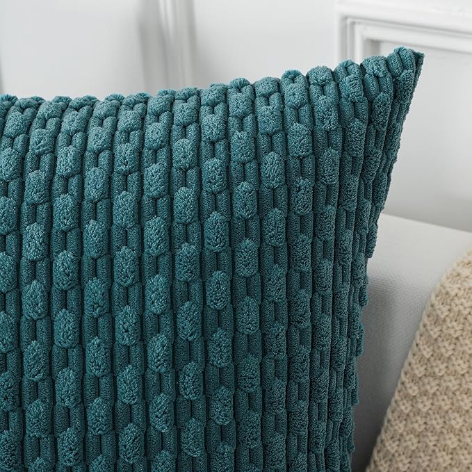 Kevin Textile Throw Pillow Covers Soft Corduroy Decorative Set of 2 Boho Striped Pillow Covers Pillowcases Farmhouse Home Decor for Couch Bed Sofa Living Room 22x22 Inch Teal Blue