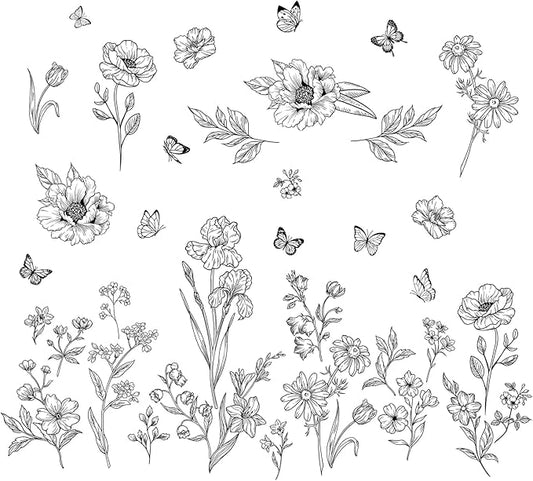 Boho Black Flower Wall Decals Wildflower Butterfly Simple Sketch Wall Stickers Removable Wall Art Decor for Living Room Bedroom