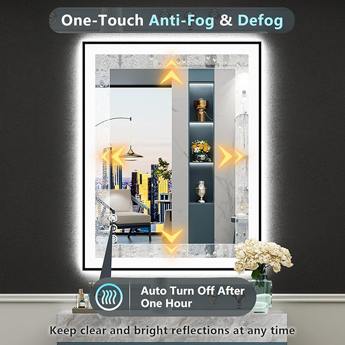 28x36 Inch Black Framed LED Bathroom Mirror with Lights, Backlit & Front Lit, Anti-Fog Lighted Vanity Mirrors for Bathroom Wall, Dimmable, 3-Color Light, Memory, Shatter-Proof, Tempered Glass