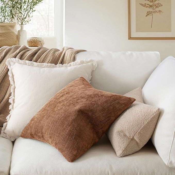 MIULEE Pack of 2 Decorative Throw Pillow Covers Soft Chenille Throw Pillows Solid Neutral Farmhouse Textured Cushion Covers Morden Home Decor for Couch Sofa Bedroom Living Room 18x18 Inch,Dark Brown