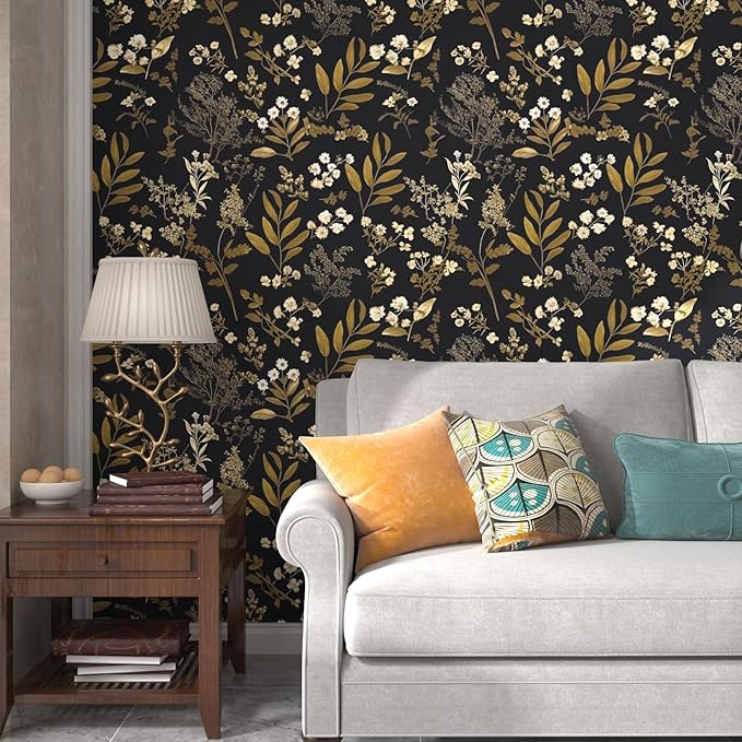 Vintage Wallpaper Peel and Stick Black Floral Wallpaper 17.5'' x 393'' Gold Leaf Contact Paper Vinyl Waterproof Self Adhesive Boho Botanical Wall Paper for Bedroom Shlef Cabinet Décor