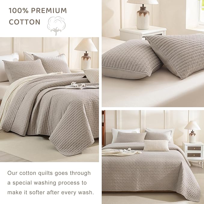 Sanracie Cotton Quilt Set King Size(110"x98"), Linen Colored Ultra Soft Stonewashed Crinkle Quilt Bedspread Set 3Pcs Cross Stitch Pattern Lightweight Breathable Bed Coverlet Set for All Season