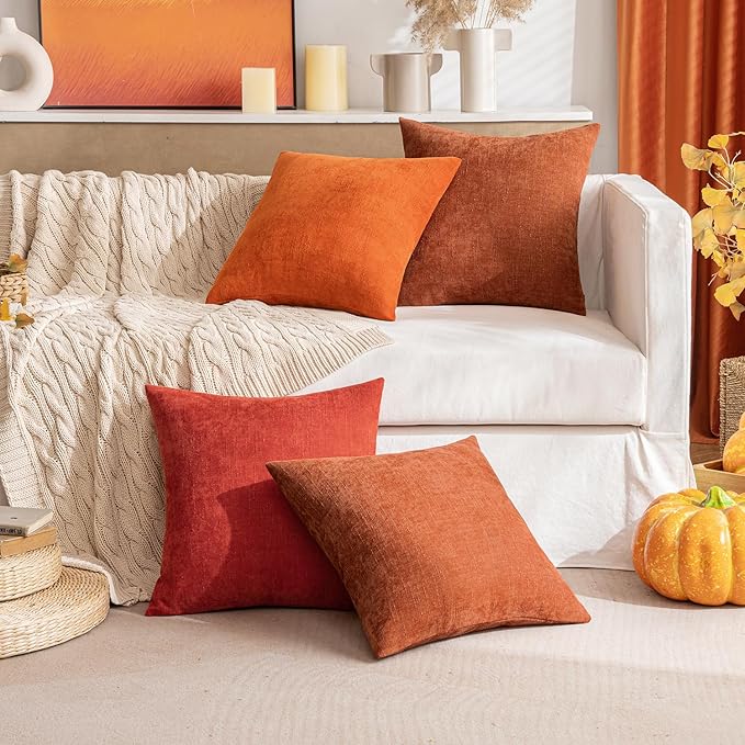 MIULEE Pack of 2 Decorative Throw Pillow Covers Soft Chenille Throw Pillows Solid Textured Euro Cushion Covers for Couch Sofa Bedroom Living Room 24x24 Inch, Dark Rust
