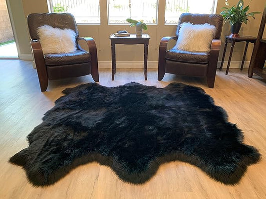 LAMBZY Faux Sheepskin Super Soft Hypoallergenic Silky Shag Rug for Living Room, Kids Room, Sofa (Sexto 6 Pelts 6'x6', Black)