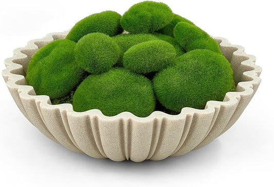 Modern Decorative Bowl for Home Decor - 10.6” Large Beige Resin & Sandstone Centerpiece Bowl for Entryway Table, Coffee Table, Kitchen Counter or Serving Fruit, Includes 10PCS Artificial Moss Rocks