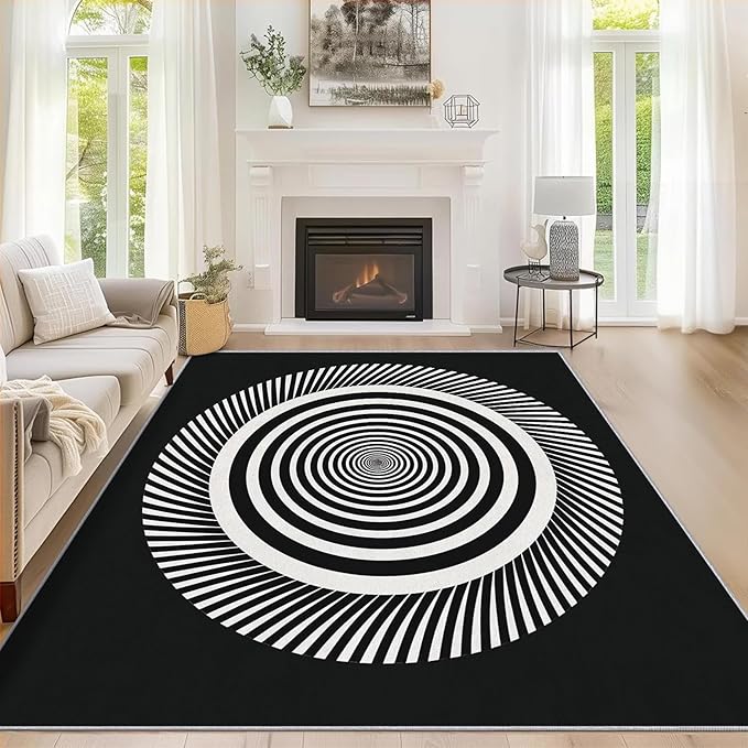 Black and White Circle Rugs for Home Decor, 5x7 ft, Abstract Op Art Area Rugs for Living Room, Soft Non Slip Washable Modern Geometric Carpet Bedroom Decorations Dt-Ghf-31