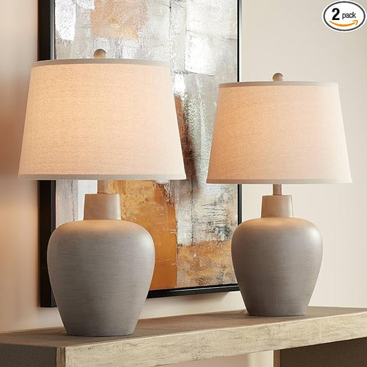 Regency Hill Glenn 27" Tall Urn Natural Cottage Southwestern Table Lamps Set of 2 WiFi Smart Socket Gray Terra Cotta Living Room Bedroom Bedside Nightstand House Office Home Reading Beige Shade