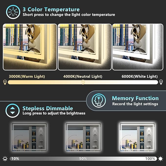 40x36 LED Bathroom Mirror with Lights, Backlit & Front Lit, Anti-Fog Lighted Vanity Mirror for Bathroom Wall, 3 Colors, Dimmable, Memory, Shatter-Proof, HD Tempered Glass, Horizontal/Vertical
