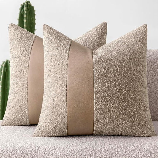 MIULEE Boucle Throw Pillow Covers 18x18 Inch Set of 2 Oatmeal Faux Leather Textured Decorative Pillow Cases Boho Farmhouse Accents Cushion Covers for Couch Bed Livingroom Home Decor