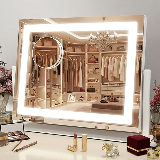 HNV 16"x13" Vanity Mirror with Lights, Rectangular Lighted Makeup Mirror with 10X Magnification, 3 Color Modes & Brightness Adjustable, Smart Touch, 360° Rotation Tabletop Mirror for Bedroom (White)