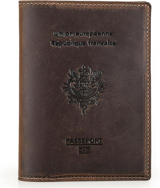 Top Grain Leather Single Travel Passport Wallet Embossing Badge for Unisex, Folio Design for Passport & Multi Cards, RFID Blocking for Passport/Cards/Checks/Bills/AirTag, Coffee Default, FR
