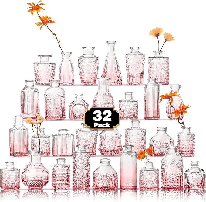 Arme Bud Vase Set of 32, Pink Vases in Bulk Bud Vase for Flower Small Glass Vases for Wedding Centerpieces, Vintage Cute Mini Flower Vase, Home Table Flower Decor