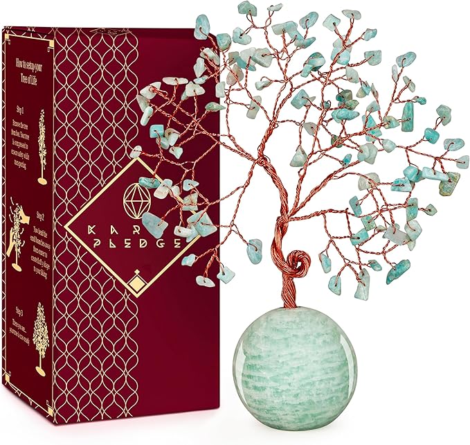 Crystal Tree of Life Home and Office Decor Gifts for Women, Amazonite Chakra Healing Stones Feng Shui Bonsai Tree for Positive Energy, Money, Good Luck, Christmas Decor, Birthday Gifts for Mom