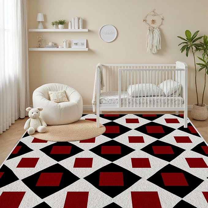 Plaid Rug 8x10, Vintage Geometric Soft Ultra Soft Faux Wool Low Pile Rug, Indoor Floor Mats Carpet, Non-Slip Stain Resistant Washable Rugs, Modern Red Rugs for Living Room Home Office Decor