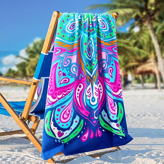 Genovega 2 Packs Oversized Beach Towel Set 36 x 72 in Large Big Pool Camping Swim Clearance Soft Towels Travel Cruise Essentials Accessories Vacation Necessities Adult Gifts Yellow Striped Purple