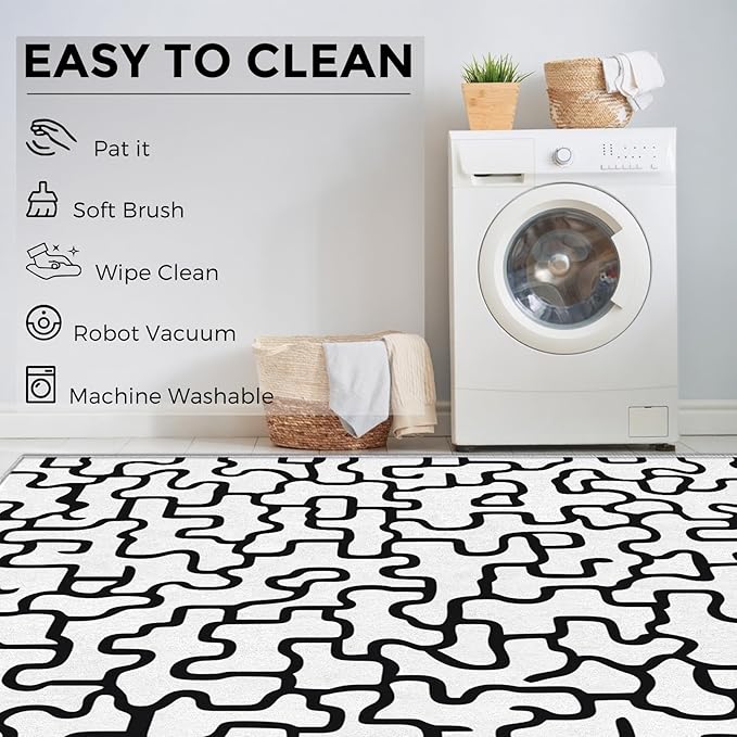 Abstract Geometric Rugs for Home Decor, 6x9 ft, Black and White Labyrinth Area Rugs for Living Room, Soft Non Slip Washable Modern Abstract Line Carpet Bedroom Decorations Dt-Ghf-31