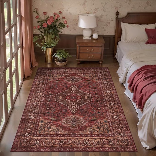 Tangsoo 3x5 Washable Rugs Oriental Area Rug, Vintage Non Slip Indoor Accent Rug, Print Distressed Dark Red Carpet, Soft Low Pile Rug for Living Room Dining Bedroom Bedside Entryway