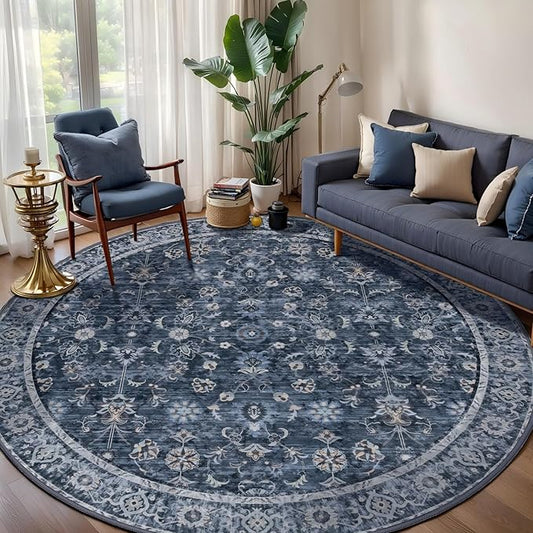 Tangsoo Vintage Round Rug 6ft Washable Circle Rug, Non Slip Boho Round Area Rug, Low Pile Floral Circular Rugs, Large Round Carpet for Livingroom,Bedroom,Nursery,Dorm,Office,Blue Room Decor
