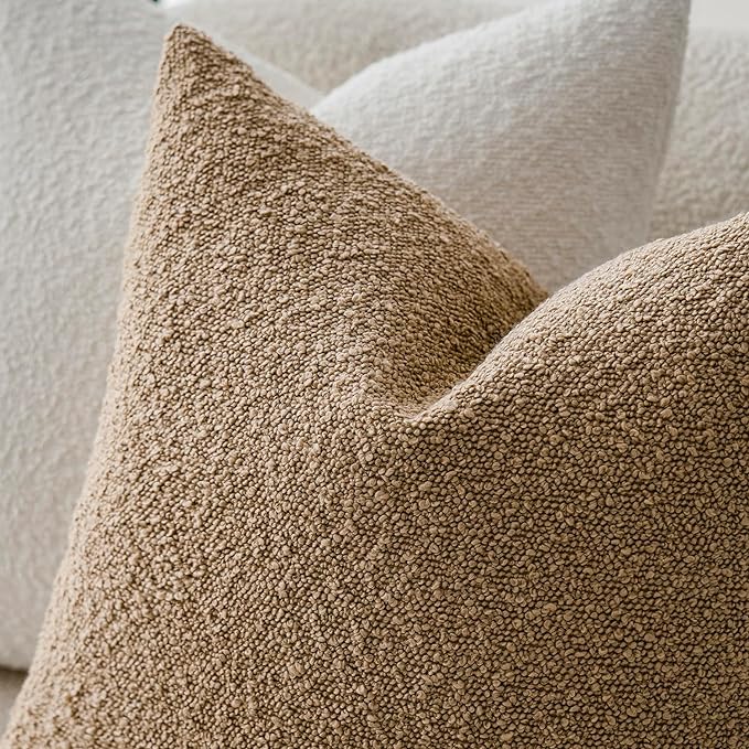 Foindtower Textured Boucle Throw Pillow Covers Accent Solid Pillow Cases Cozy Soft Decorative Couch Cushion Case for Chair Sofa Bedroom Living Room Home Decor, 18 x 18 Inch,Taupe Khaki Camel