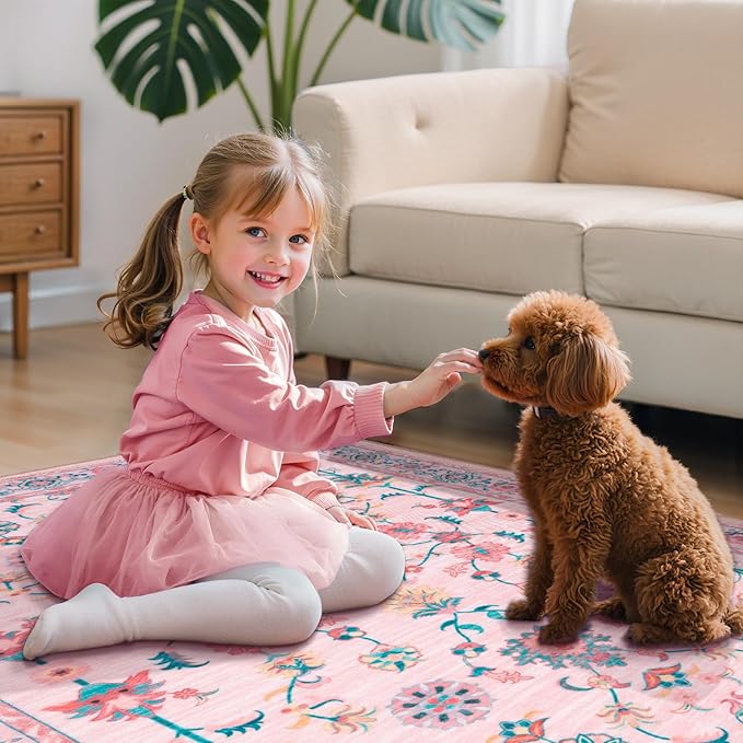 Tangsoo Pink Rug for Bedroom Girl Nursery 5x7, Washable Non Slip Cute Floral Rug for College, Soft Low Pile Carpet for Living Room Teen Coquette Room Loveshackfancy Decor Alfombra Kids Baby Playroom