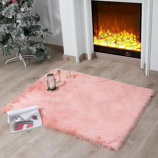 Faux Fur Rug Sheepskin Shag Fluffy Fuzzy Pink 3x4 ft Rugs for Bedroom Bedside Bed Floor Living Room Plush Rectangle High-Density Cushion Carpet Super Sofa Cover