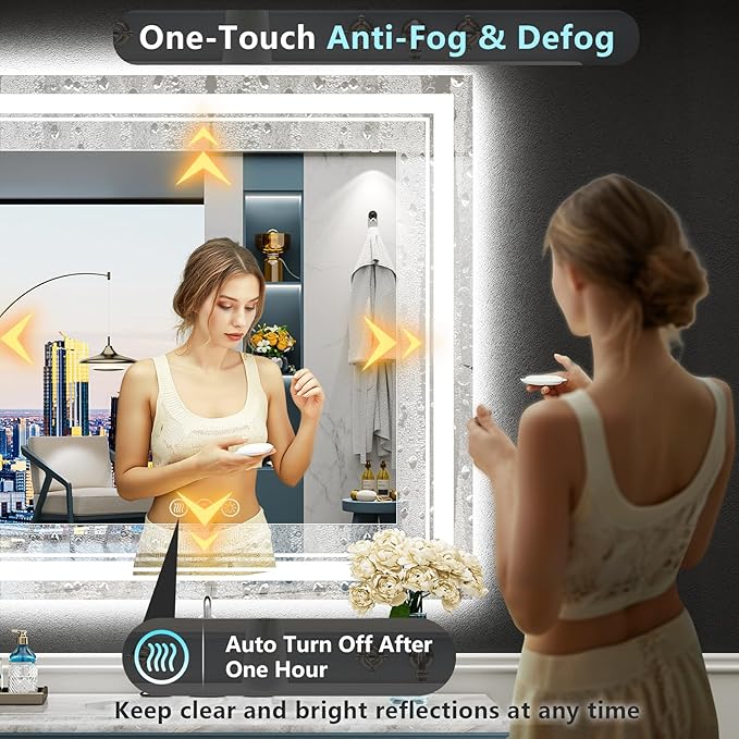 32x32 LED Bathroom Mirror with Lights, Backlit and Front Lit, Anti-Fog Lighted Vanity Mirrors for Bathroom Wall, Dimmable, 3-Color Light, Memory, Shatter-Proof, HD Tempered Glass, CRI＞90