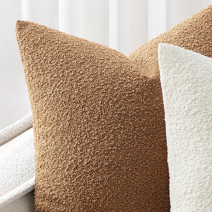 Woaboy Pack of 2 22x22 Inch Decorative Boucle Throw Pillow Covers Textured Square Pillowcaes Accent Euro Solid Cozy Soft Cushion Covers Home Decor for Sofa Couch Living Room Home Decor,Brown