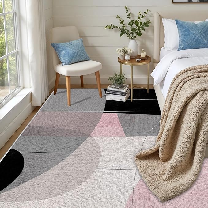 Abstract Art Line Living Room Area Rugs 8x10, Modern Boho Geometric Print Rug, Minimalist Washable Non Slip Neutral Soft Carpet for Bedroom, Dining Room Office Playroom, Black Gray