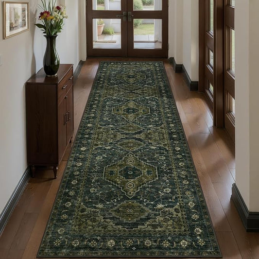 Tangsoo 2.6x10 Washable Hallway Runner Rug, Non Slip Vintage Runner Rug for Hallways, Soft Low Pile Long Rug Runner, Print Distressed Carpet Runners for Kitchen Bedroom Entryway Living Room Green