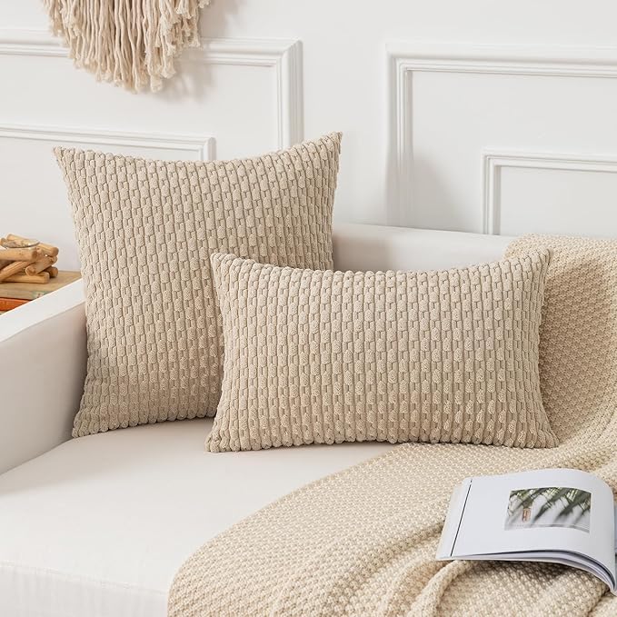 Kevin Textile Throw Pillow Covers Soft Corduroy Decorative Set of 2 Boho Striped Pillow Covers Pillowcases Farmhouse Home Decor for Couch Bed Sofa Living Room 24x24 Inch Beige