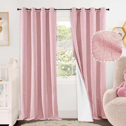 Lajode Baby Pink Linen Blackout Curtains for Girls Bedroom 84 Inch Length 2 Panels, Thermal Insulated Full Room Darkening Noise Reducing Privacy Grommet Window Curtains for Nursery, Each 52 Inch Wide