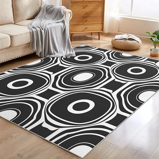 Black and White Geometric Rugs for Home Decor, 7x9 ft, Ring Circle Area Rugs for Living Room, Soft Non Slip Washable Modern Abstract Carpet Bedroom Decorations Dt-Ghf-31