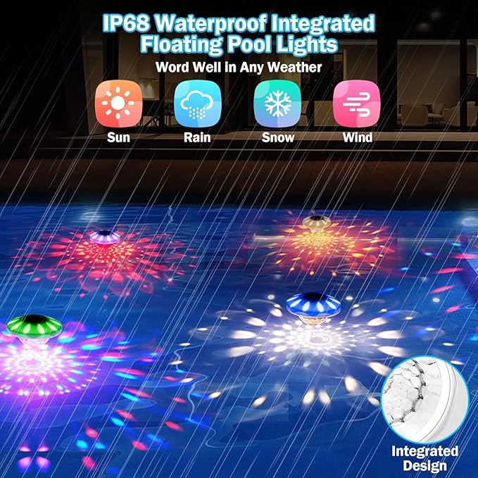 Floating Pool Lights, Pool Lights That Float with Remote, Rechargeable 4000mAh IP68 Waterproof Upper and Lower Color Changing Light with 6 Dynamic Lighting Effects for Bathtub 2 Pack