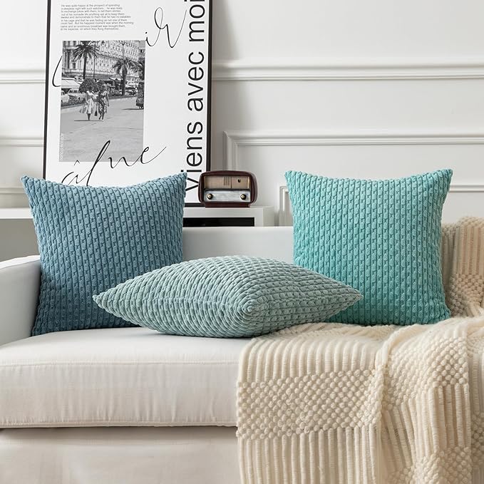 Kevin Textile Throw Pillow Covers Soft Corduroy Decorative Set of 2 Boho Striped Pillow Covers Pillowcases Farmhouse Home Decor for Couch Bed Sofa Living Room 24x24 Inch Aqua Green