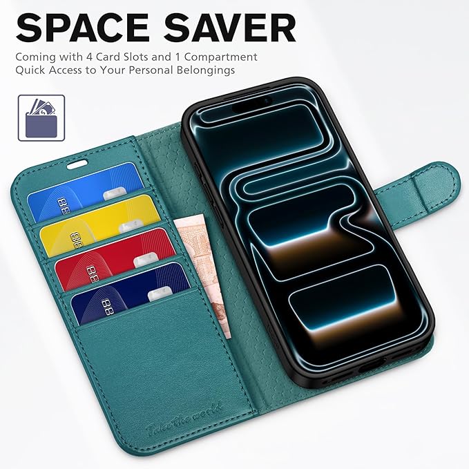 TUCCH Wallet Case for iPhone 17 Pro Max (6.9") 2025, 4 Card Holders | RFID Blocking | Stand | Shockproof TPU Shell | PU Leather | Magnetic Closure | Protective Flip Cover | Bluish Green