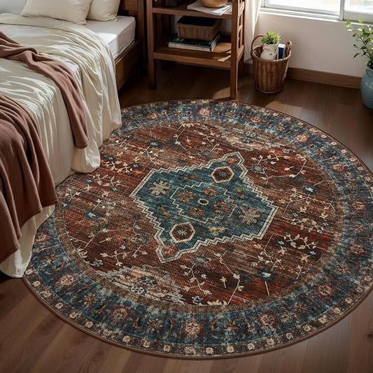Tangsoo Oriental Round Rugs 5ft, Washable Circle Rug, Non Slip Boho Round Area Rug, Vintage Low Pile Circular Rugs, Round Carpet for Bedroom Living Room Nursery Dorm Office Rust/Blue