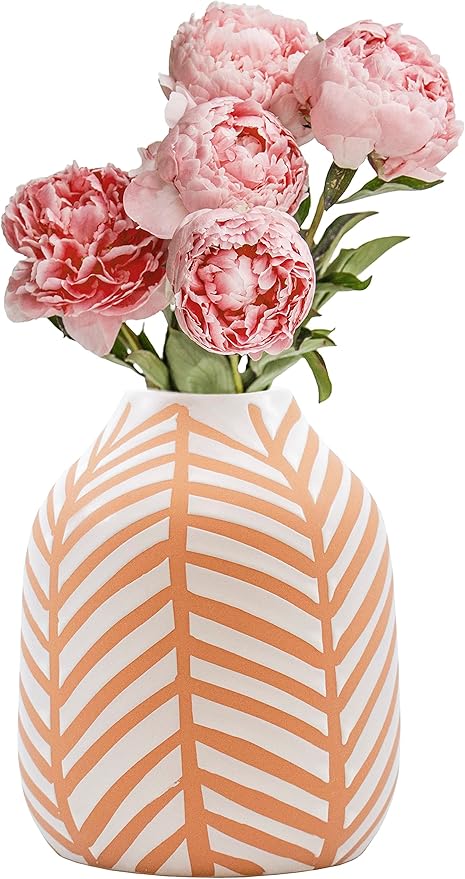 Stephanie Imports Boho Brown Terracotta Vase with Hand-Painted Matte White Design (Leaf Pattern)