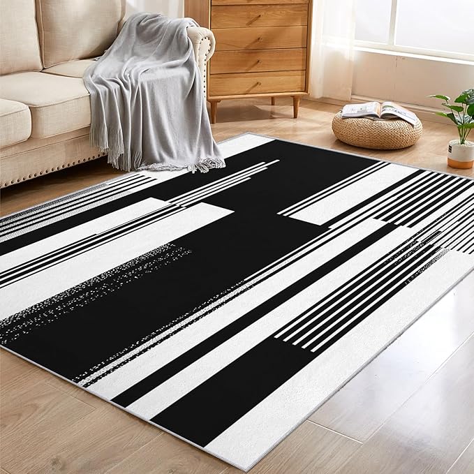 Black and White Stripe Rugs for Home Decor, 8x10 ft, Modern Stripes Area Rugs for Living Room, Soft Non Slip Washable Abstract Striped Carpet Bedroom Decorations Dt-Ghf-31