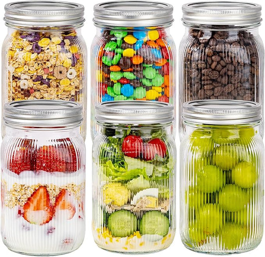 LUODA MirthMood 32 OZ Wide Mouth Mason Jars, 6 PACK Glass Mason Jars with airtight Lids, Quart mason jars wide mouth for Fermenting, Pickling, Freezing, Preserving, Meal Prep, Jar Décor