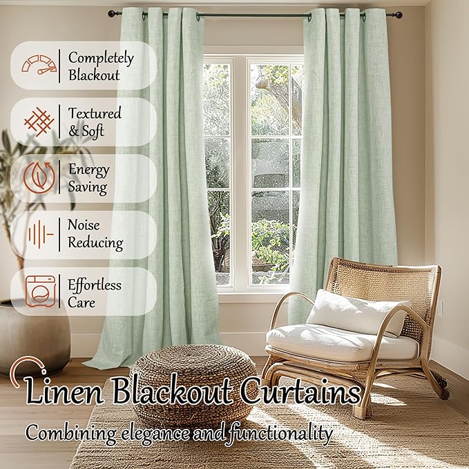 Lajode Sage Green Blackout Curtains for Bedroom - Linen Curtains 90 Inch Length Thermal Insulated Privacy Burlap Boho Window Drapes for Living Room Scandi Farmhouse Dining, 2 Panels, Each 52" Wide