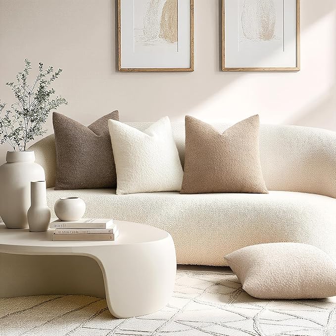 ANRODUO Pack of 2 Textured Boucle Throw Pillow Covers Soft Beige Decorative Accent Solid Pillow Cases Cozy Modern Couch Cushion Case for Chair Sofa Bedroom Living Room Spring Home Decor, 18 x 18 Inch