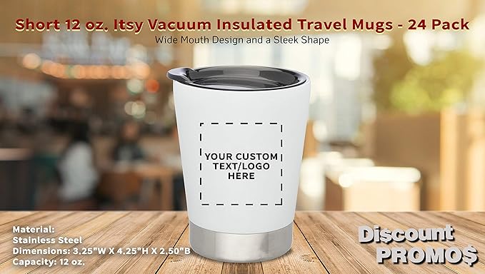 Personalized 12 oz. Itsy Vacuum Insulated Travel Mugs - 24 Pack - Custom Text, Logo - White