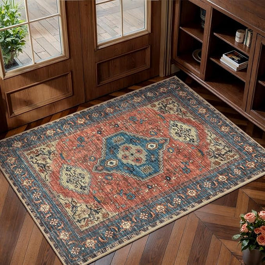Tangsoo Oriental Washable Entryway Rugs Terracotta 2x3 Non Slip Small Area Rug, Vintage Indoor Front Door Rug, Print Door Mat Indoor Entrance Soft Low Pile Throw Rug for Entry Kitchen Bedroom